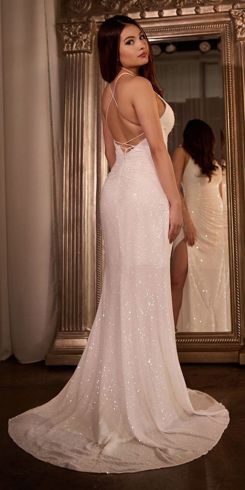 Ladivine CH225W Long Fitted Sequin Gown Gathered Waistline