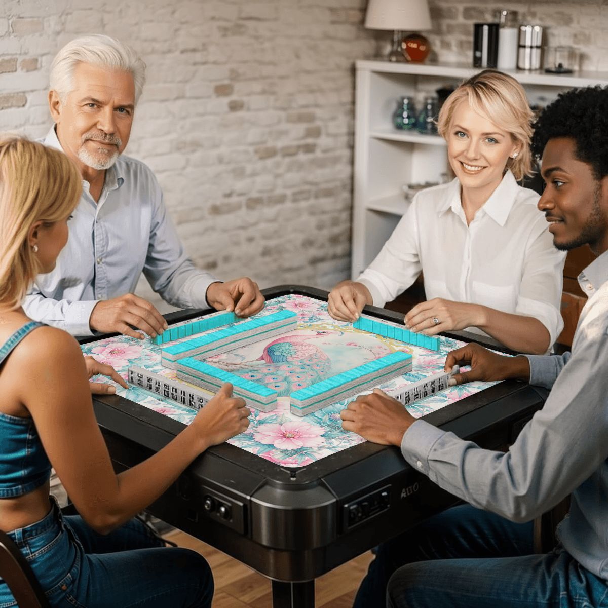 Pretty Pastel Peacock Chinoiserie Blossoms Mahjong Mat