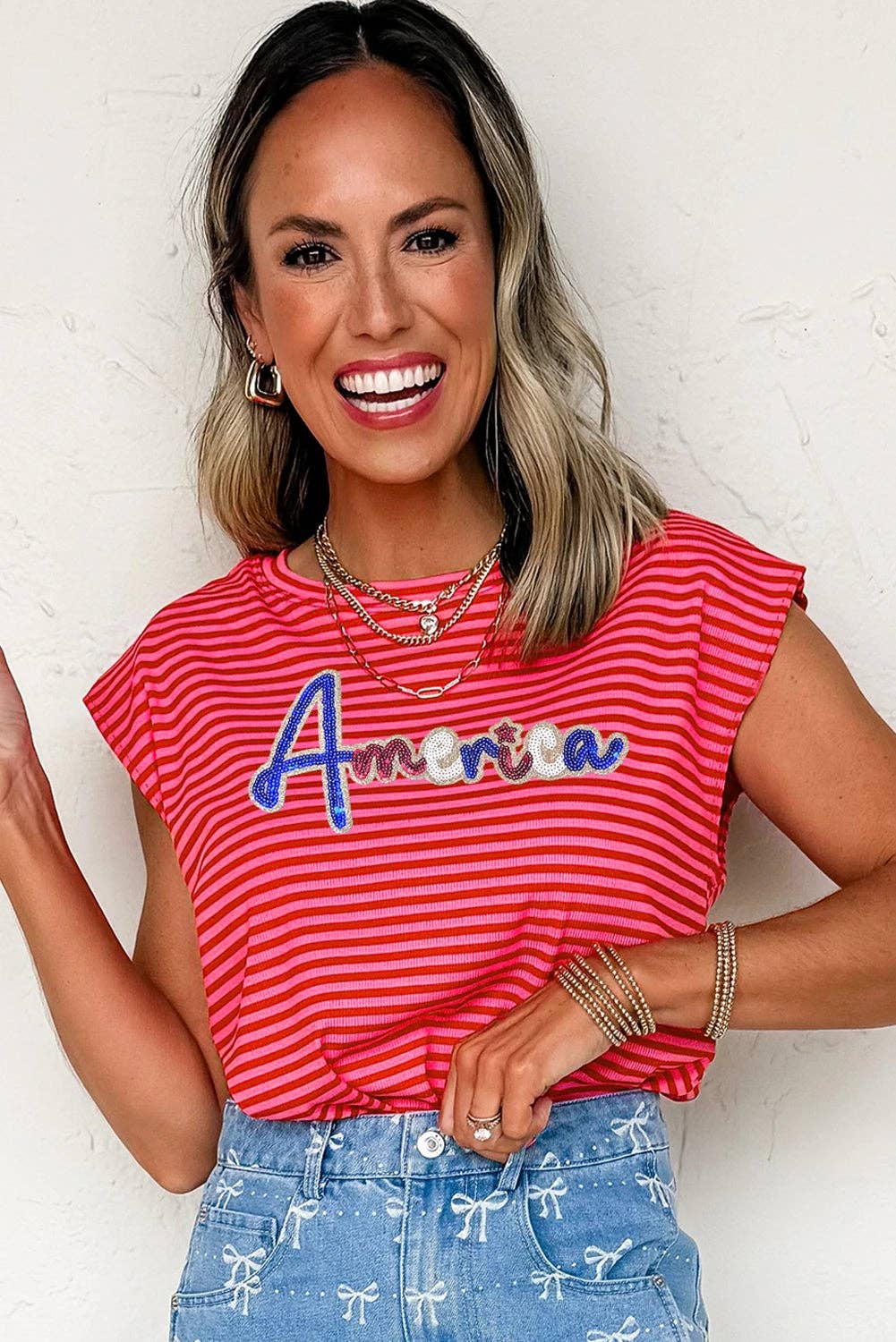 Red Stripe Sequin America Letter Patched Cap Sleeve Top