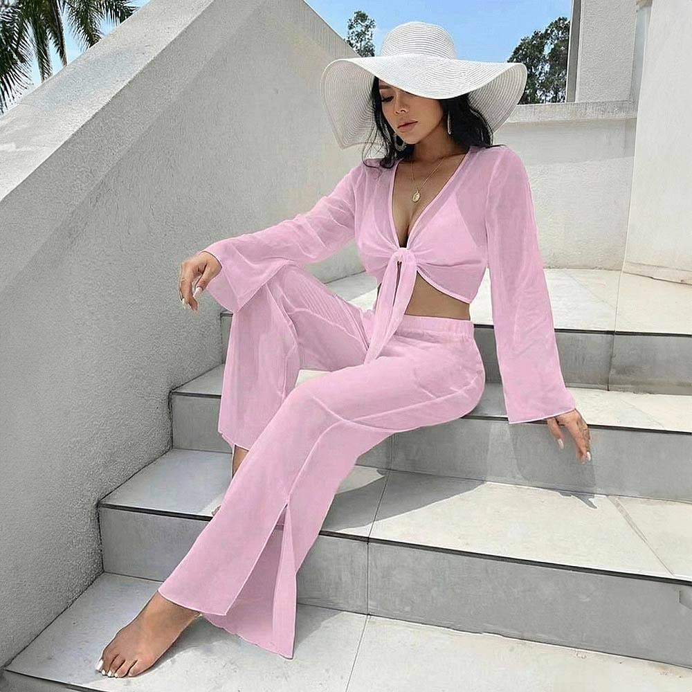 2PCS - Boho Tie Front Top Wide Leg pants Beach Set