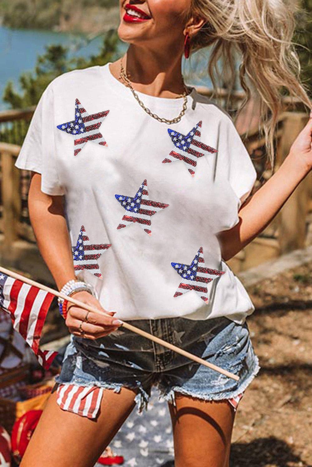Multicolor Sequined American Flag Star Graphic T Shirt