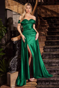 OFF THE SHOULDER SATIN FITTED DRESS WITH LEG SLIT AND SASH