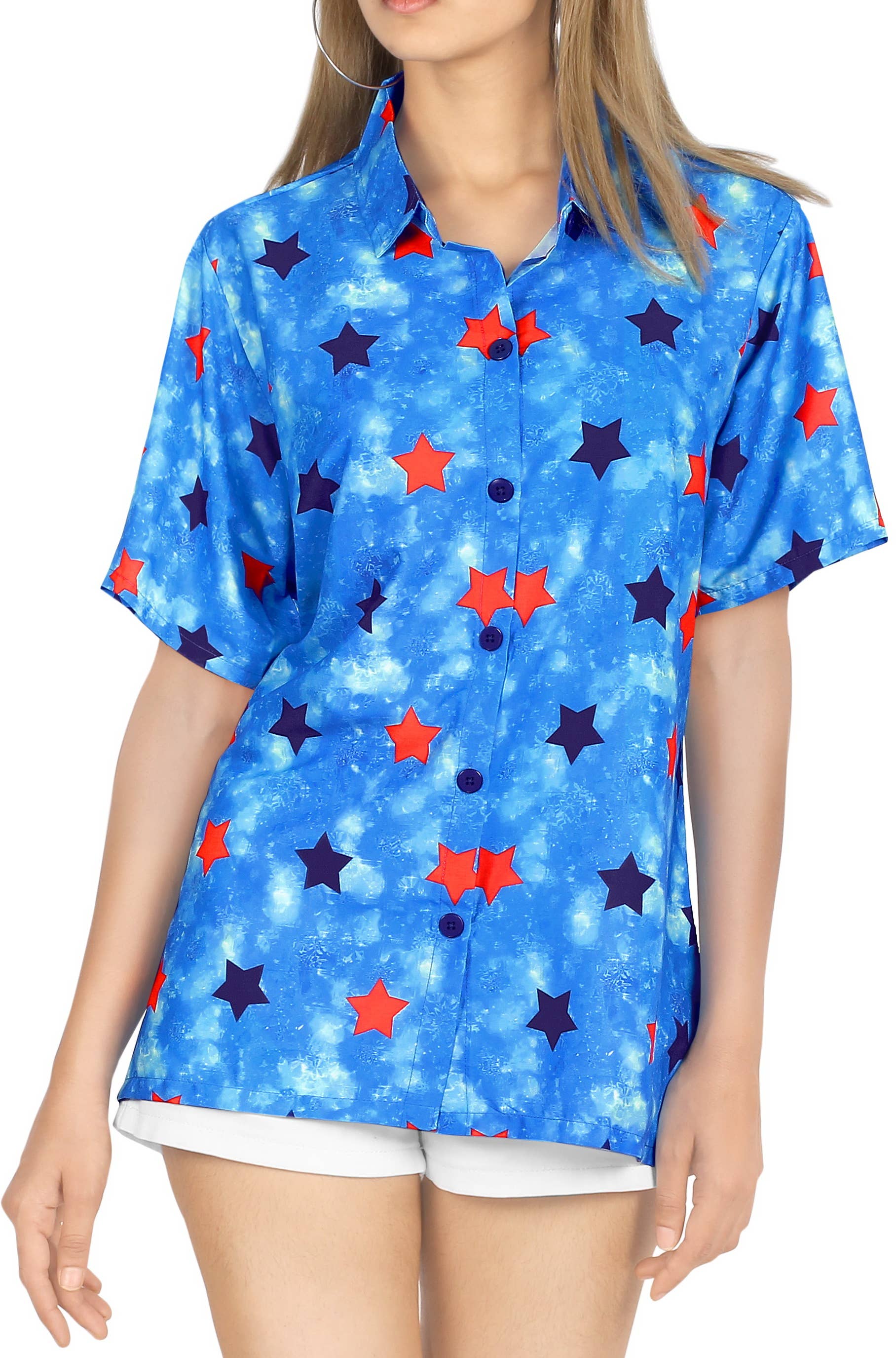 HAPPY BAY Women's Hawaiian Shirt Allover Stars Blue P07037