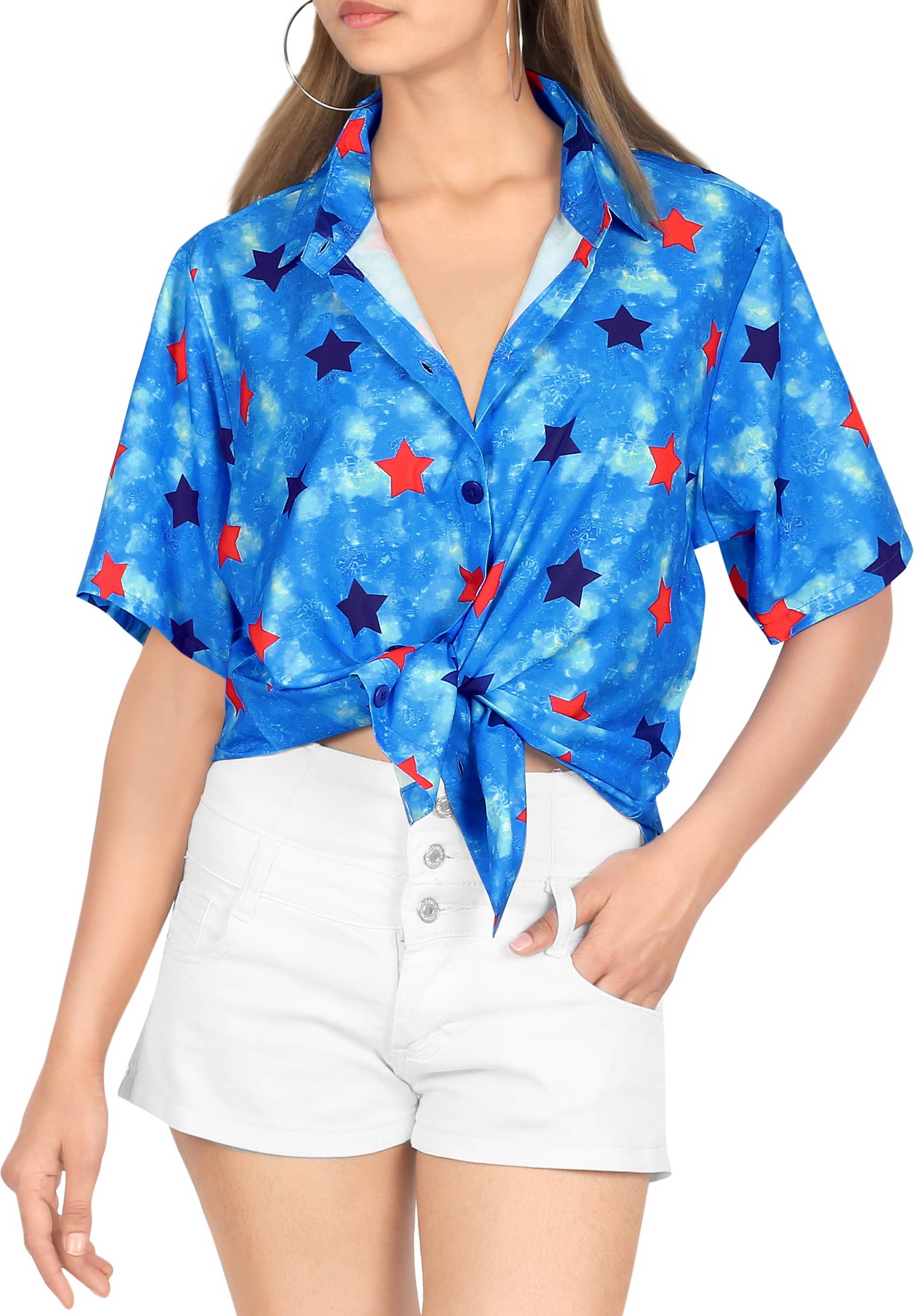 HAPPY BAY Women's Hawaiian Shirt Allover Stars Blue P07037