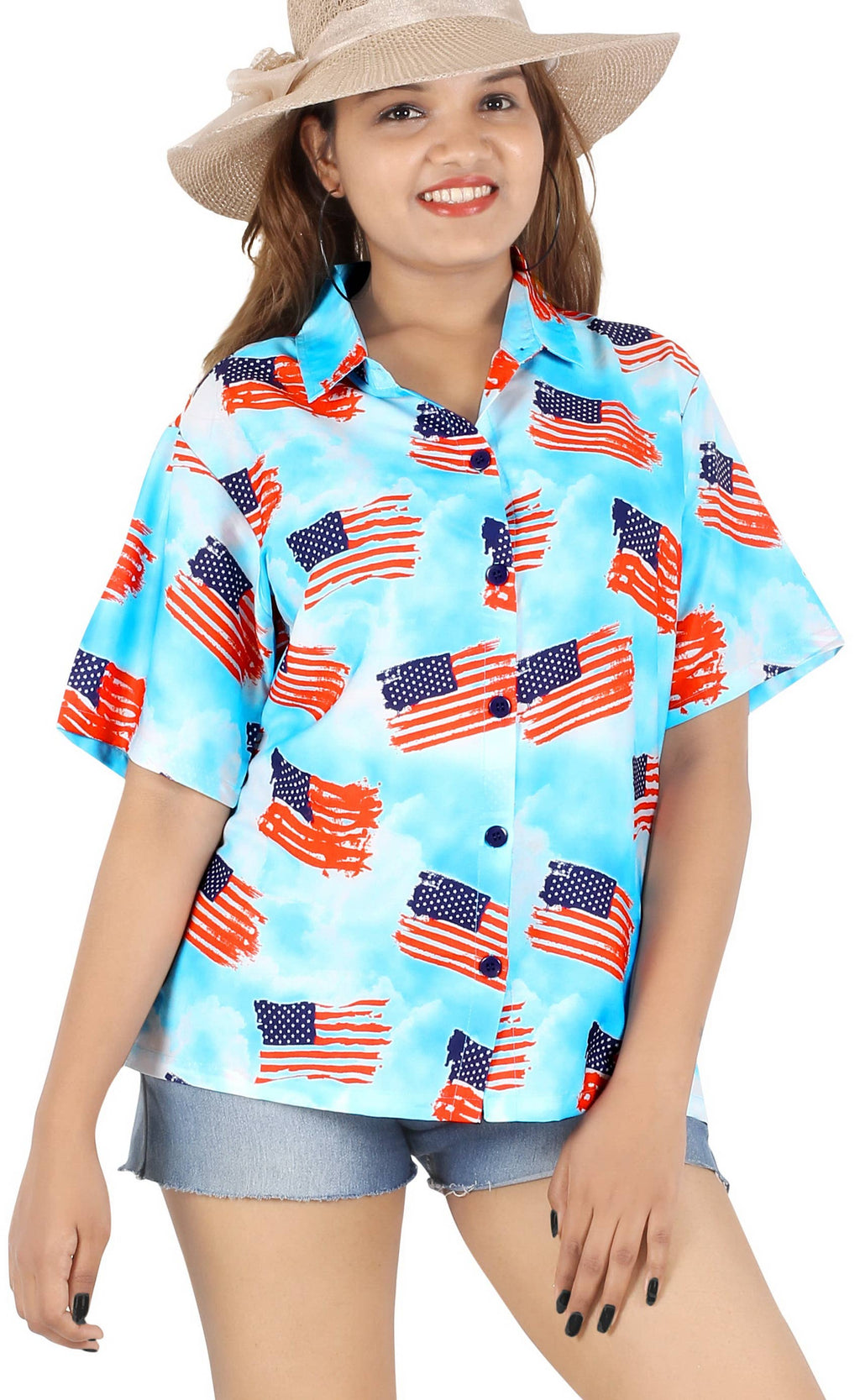 HAPPY BAY Women's Hawaiian Shirt US FLAG Blue P07109