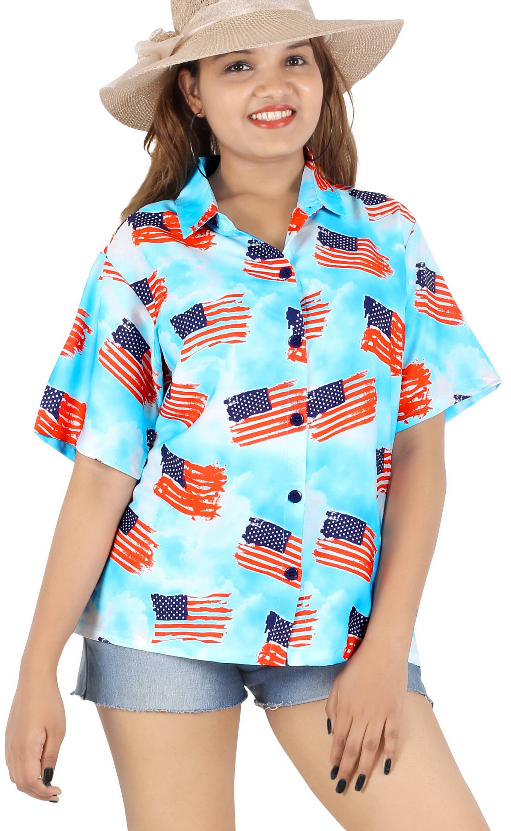 HAPPY BAY Women's Hawaiian Shirt US FLAG Blue P07109
