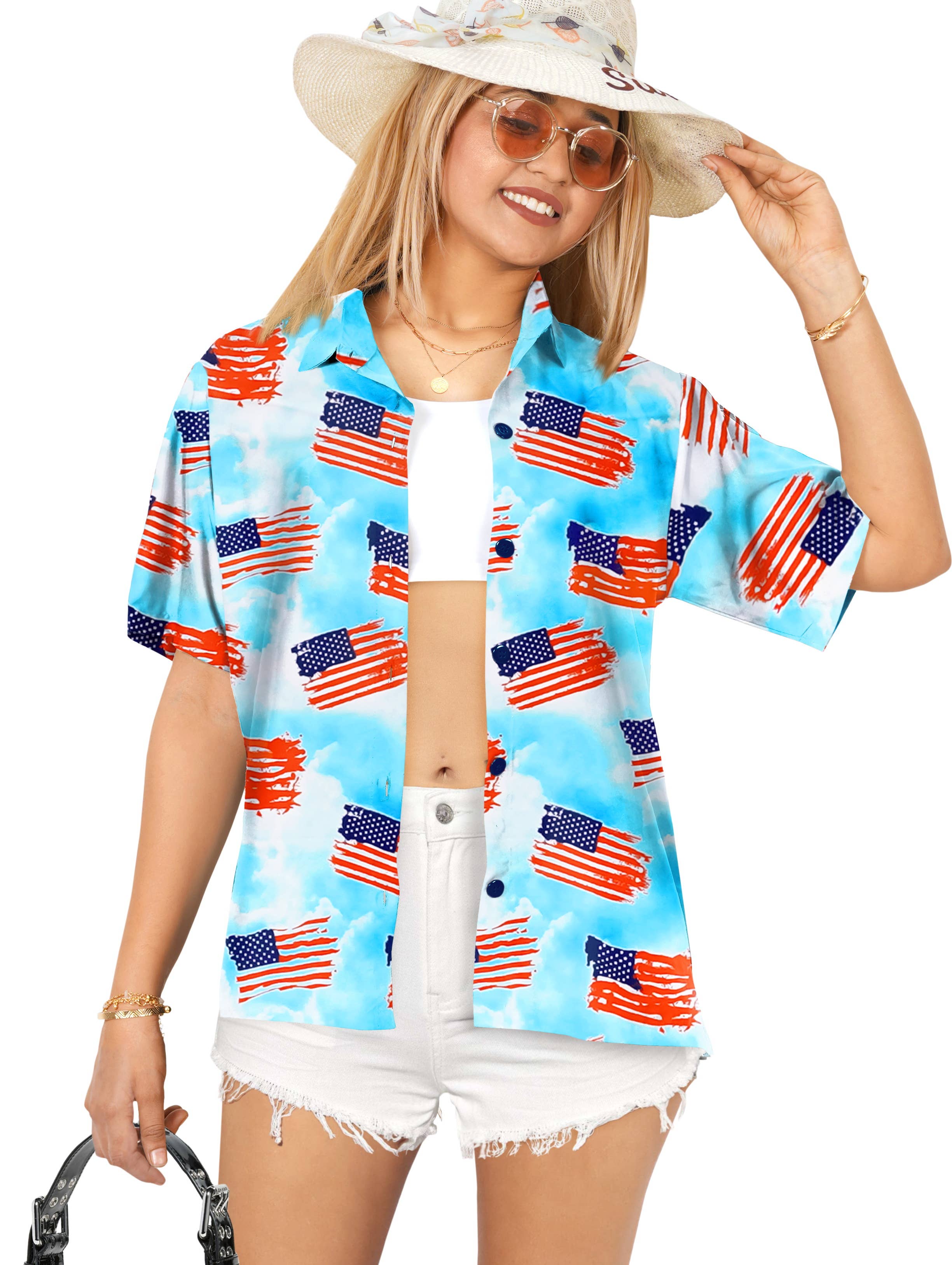 HAPPY BAY Women's Hawaiian Shirt US FLAG Blue P07109