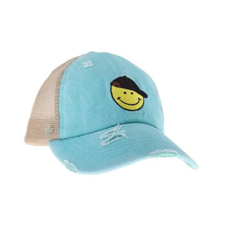 C.C Smiley Face Embroidered Criss Cross High Pony C.C Ball Cap BT1015