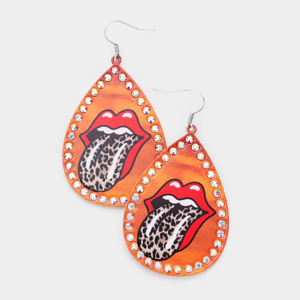 Lip Print Stone Trim Metal Teardrop Earrings