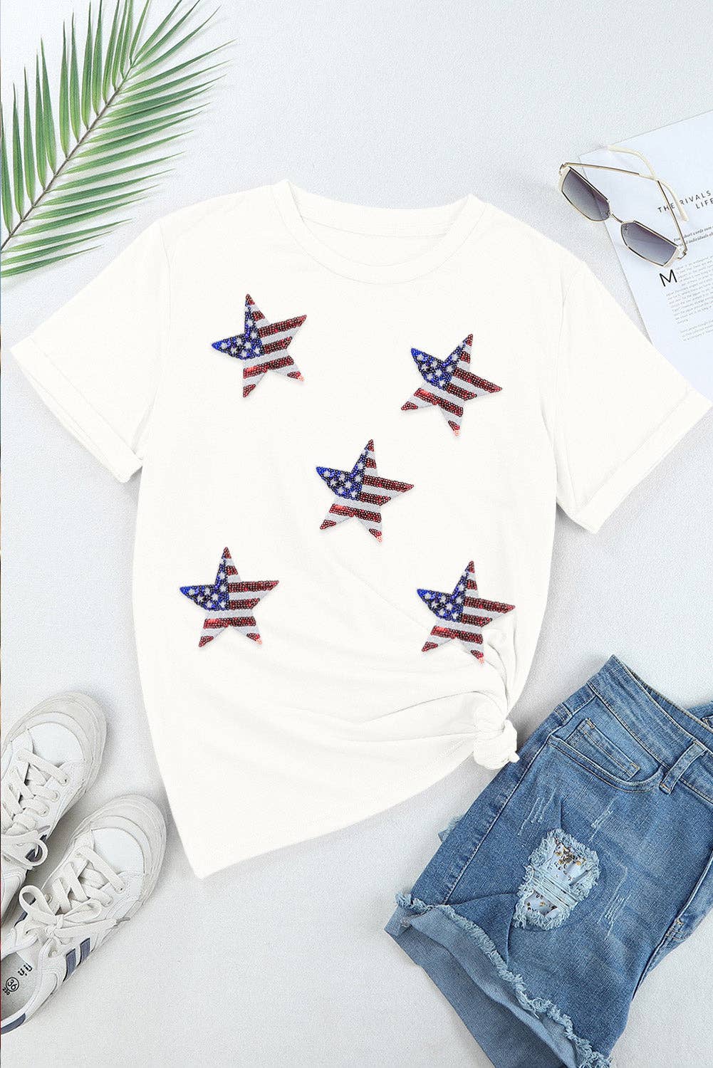 Multicolor Sequined American Flag Star Graphic T Shirt