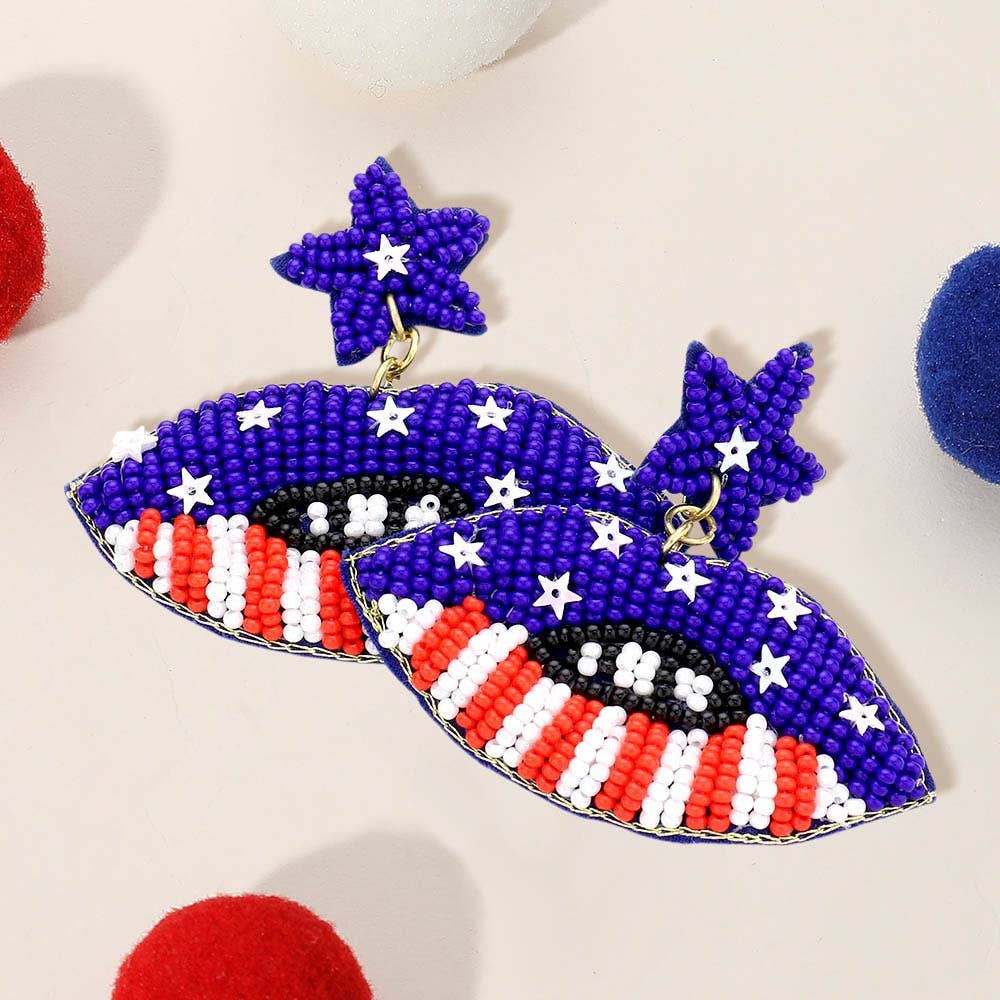 Felt Back Seed Beaded American USA Flag Lip Dangle Earrings