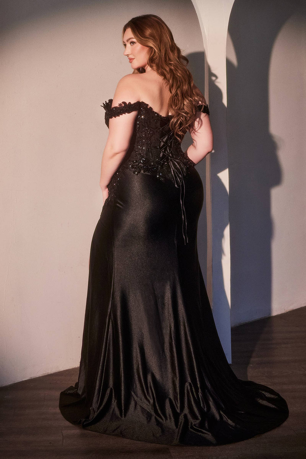 OFF THE SHOULDER LACE & SATIN CURVE DRESS