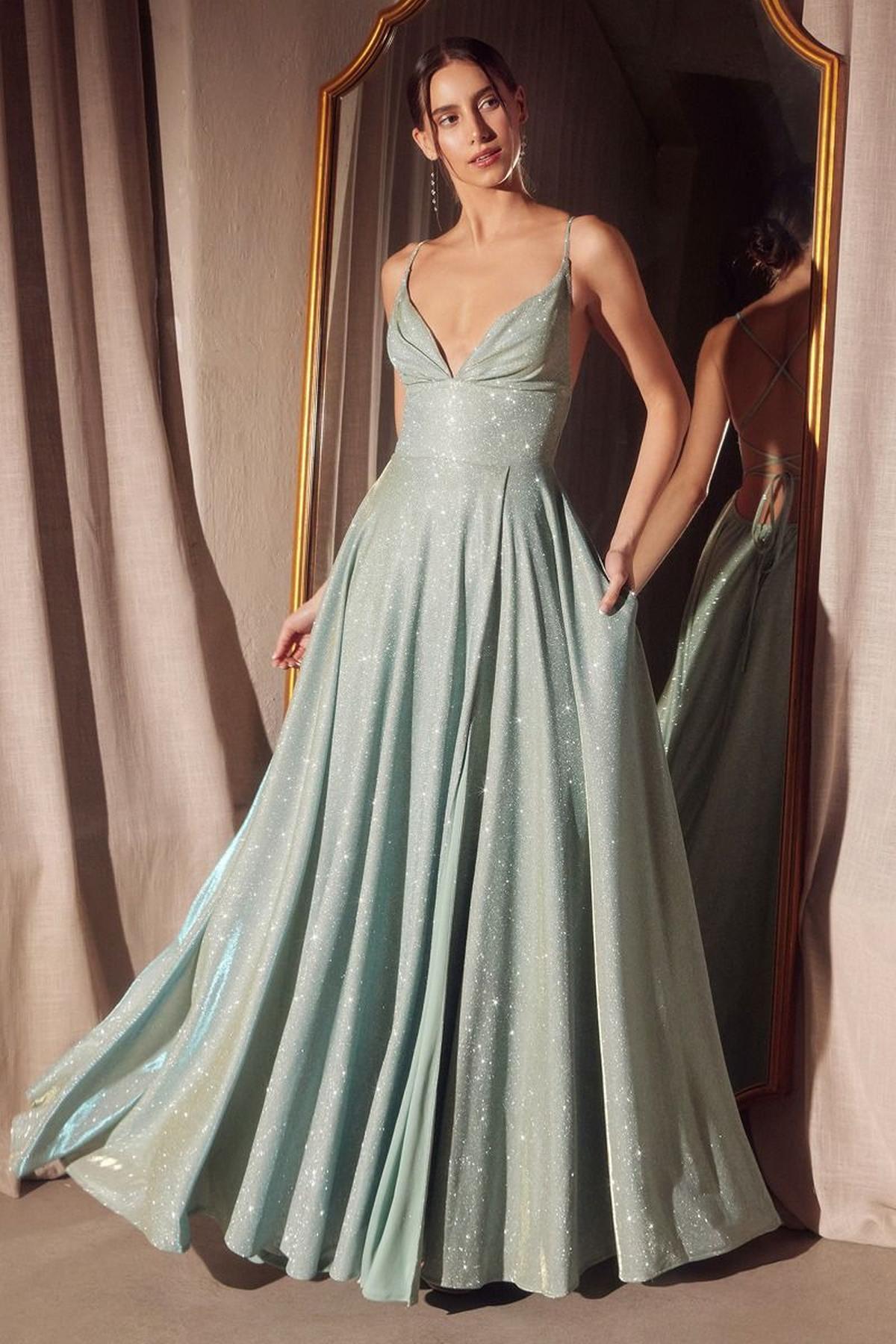 Ladivine Amoris T214 Sleeveless Spaghetti Strap A-Line Glitter Gown