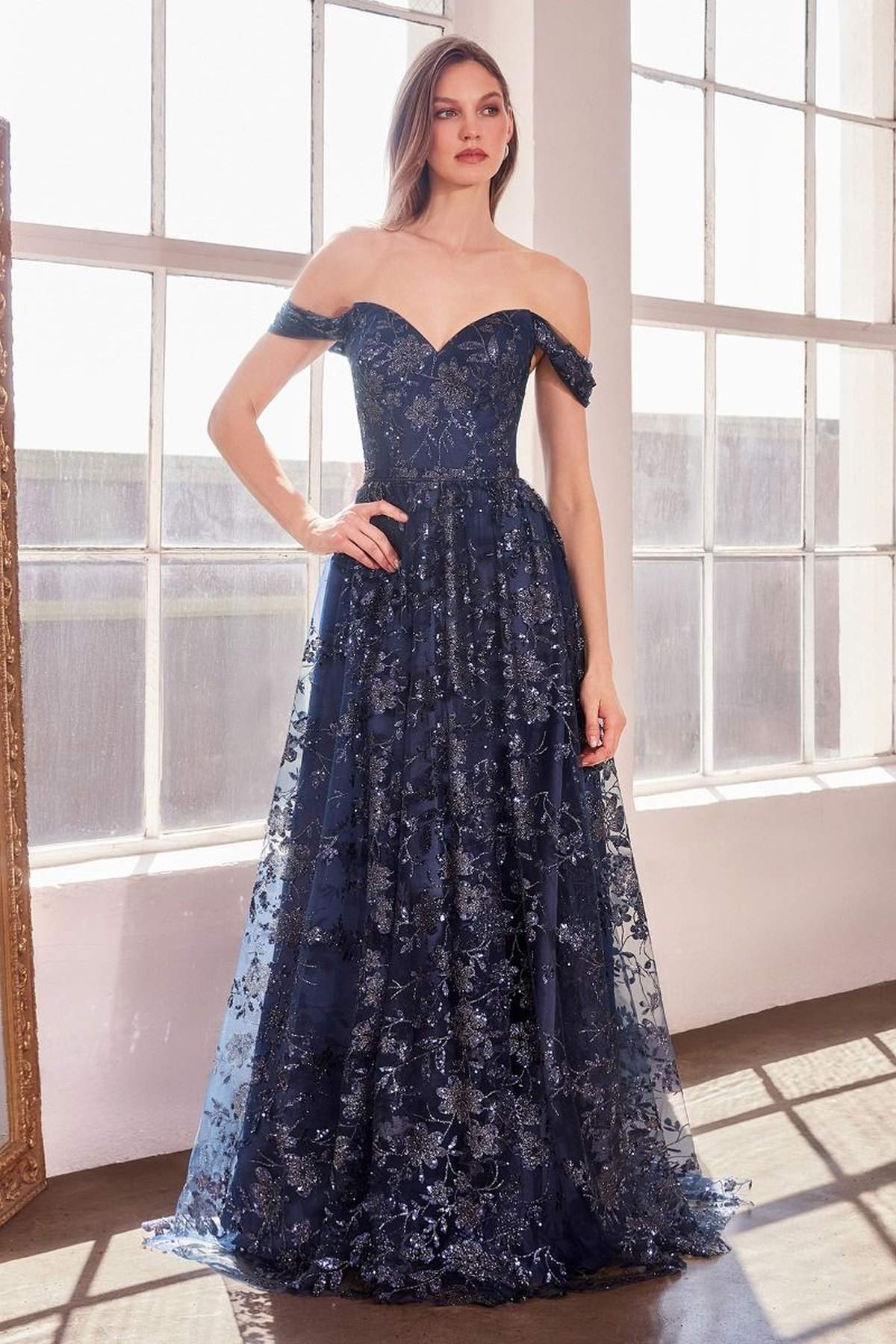 Ladivine Amoris T607 Glitter Print Off the Shoulder A-Line Prom Gown