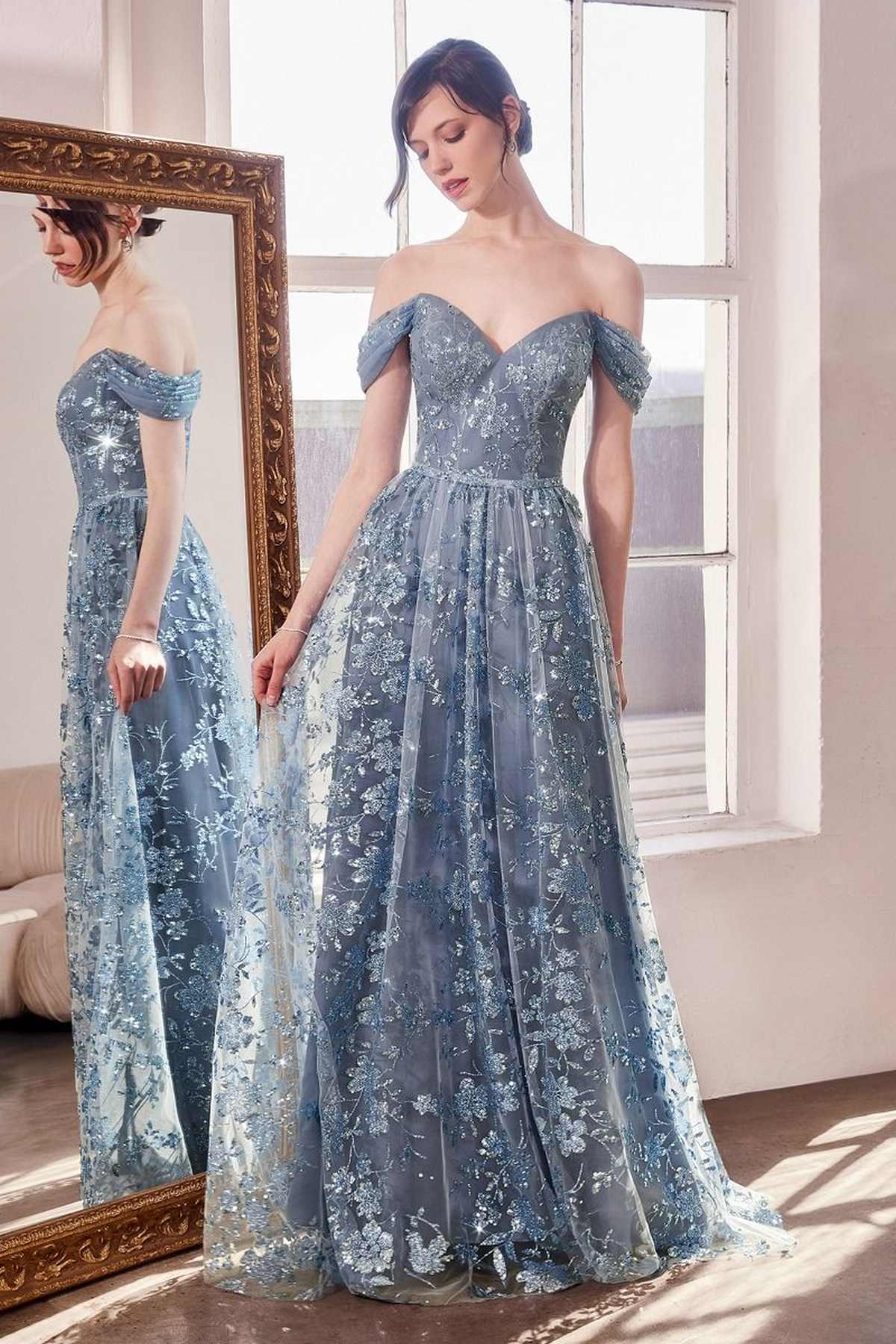 Ladivine Amoris T607 Glitter Print Off the Shoulder A-Line Prom Gown